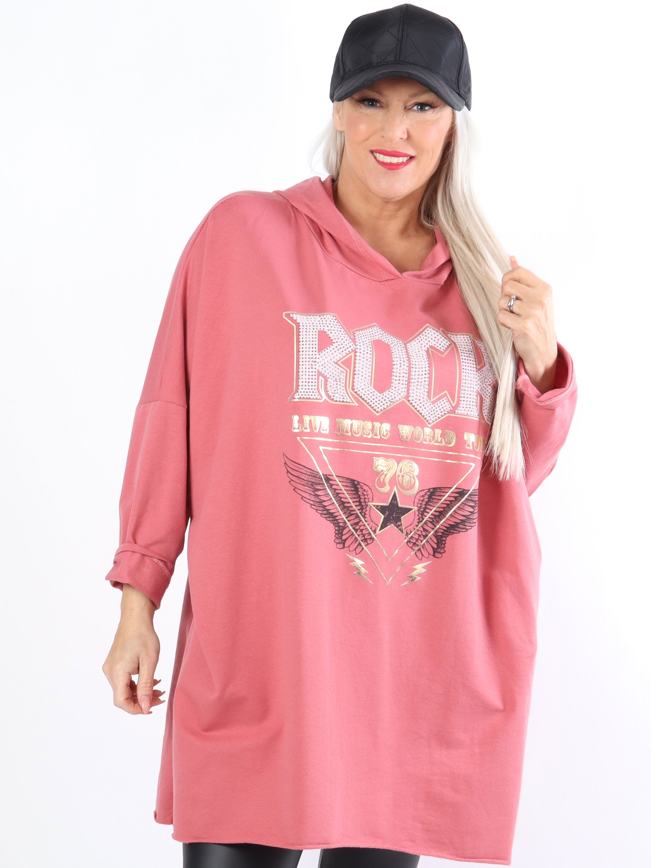 Rock - Cool klänning i stora storlekar med huva och text